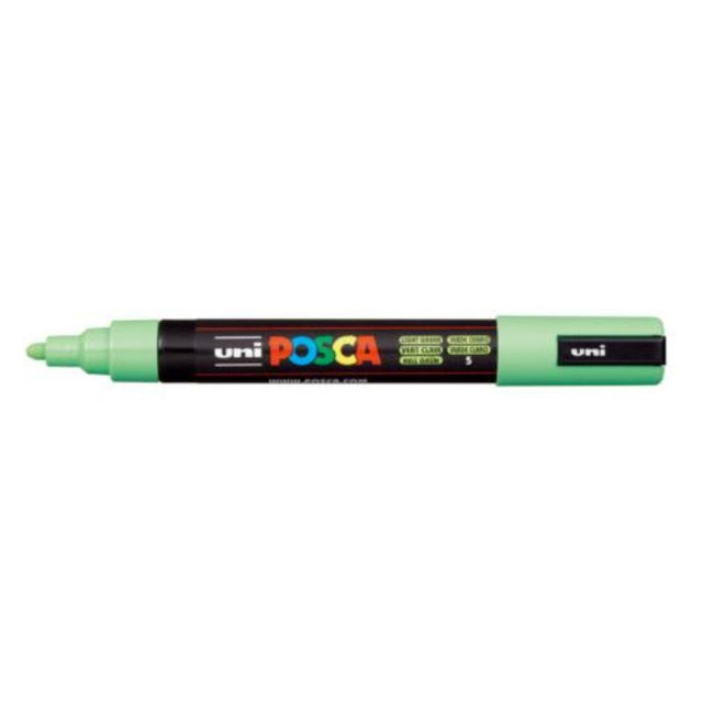 Light Green Uni Posca Marker with 1.8-2.5mm bullet tip, ideal for precise lines on various surfaces for artists and crafters.