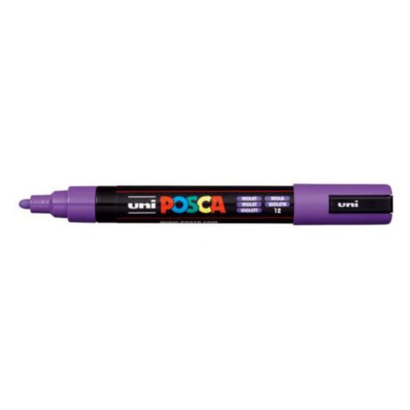 Vibrant violet Uni Posca Marker with 1.8-2.5mm bullet tip for precise and bold lines on various surfaces.