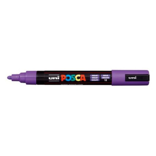 Vibrant violet Uni Posca Marker with 1.8-2.5mm bullet tip for precise and bold lines on various surfaces.