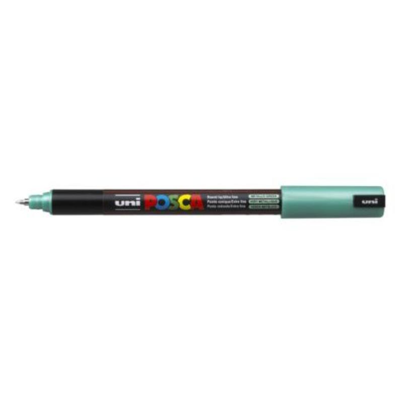 Uni Posca 0.7mm green marker with ultra-fine tip for precise details on various surfaces, ideal for artists and hobbyists.