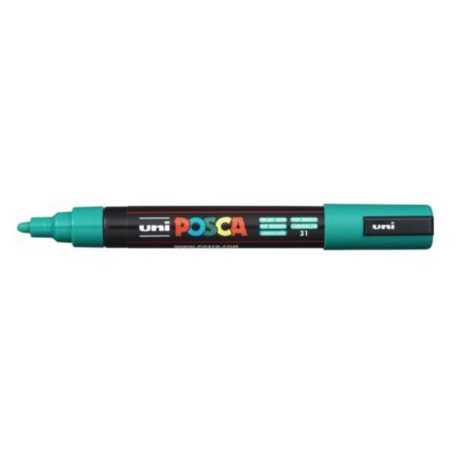 Emerald green Uni Posca Marker with 1.8-2.5mm bullet tip for versatile, vibrant art on multiple surfaces.