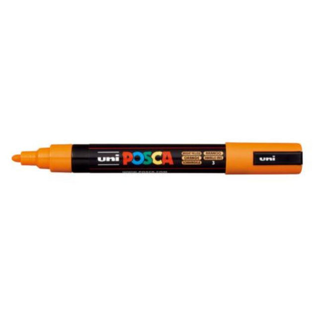 Bright Yellow Uni Posca Marker with a medium bullet tip, ideal for detailed and broad strokes on various surfaces.