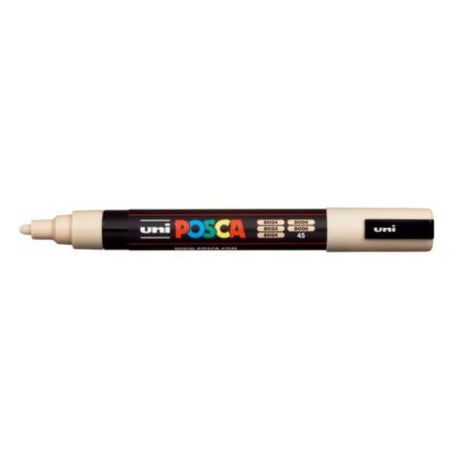 Beige Uni Posca Marker with 1.8-2.5mm bullet tip, ideal for detailed art on various surfaces, safe for all ages.