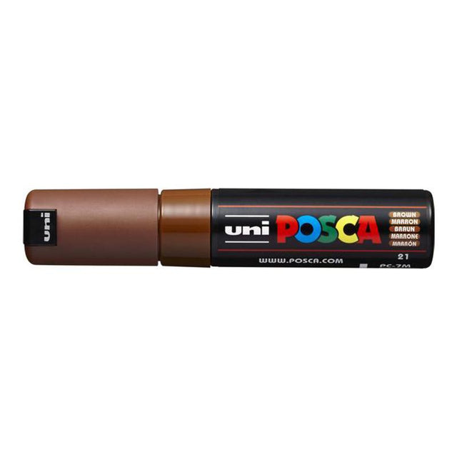 Uni Posca Marker in Brown with a 4.5-5.5mm bold bullet tip, ideal for precise and vibrant lines on various surfaces.