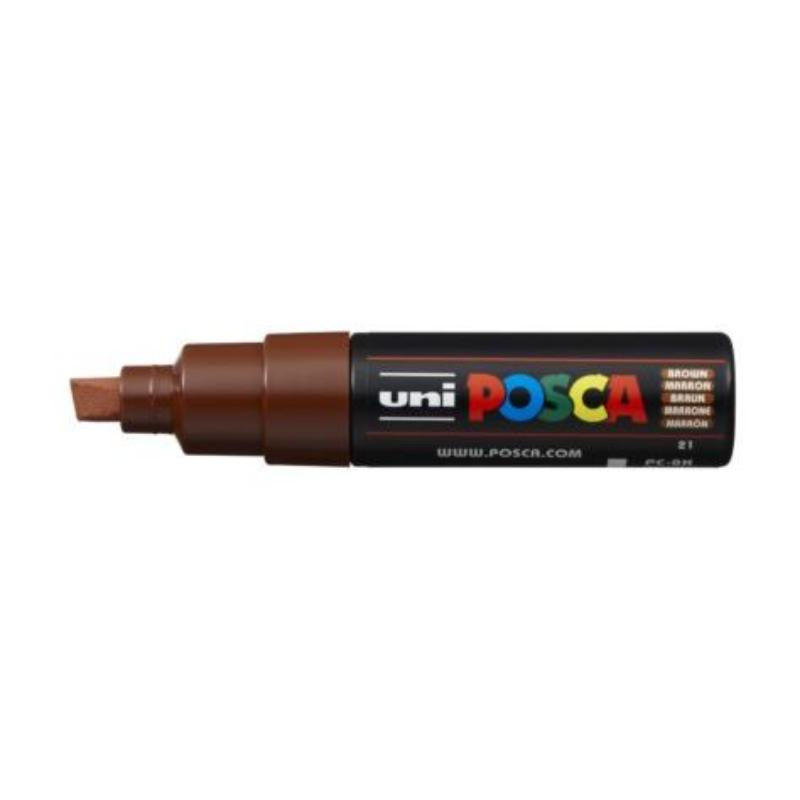 Brown Uni Posca Marker 8.0mm with a bold chisel nib, ideal for precise details and broad strokes on various surfaces.