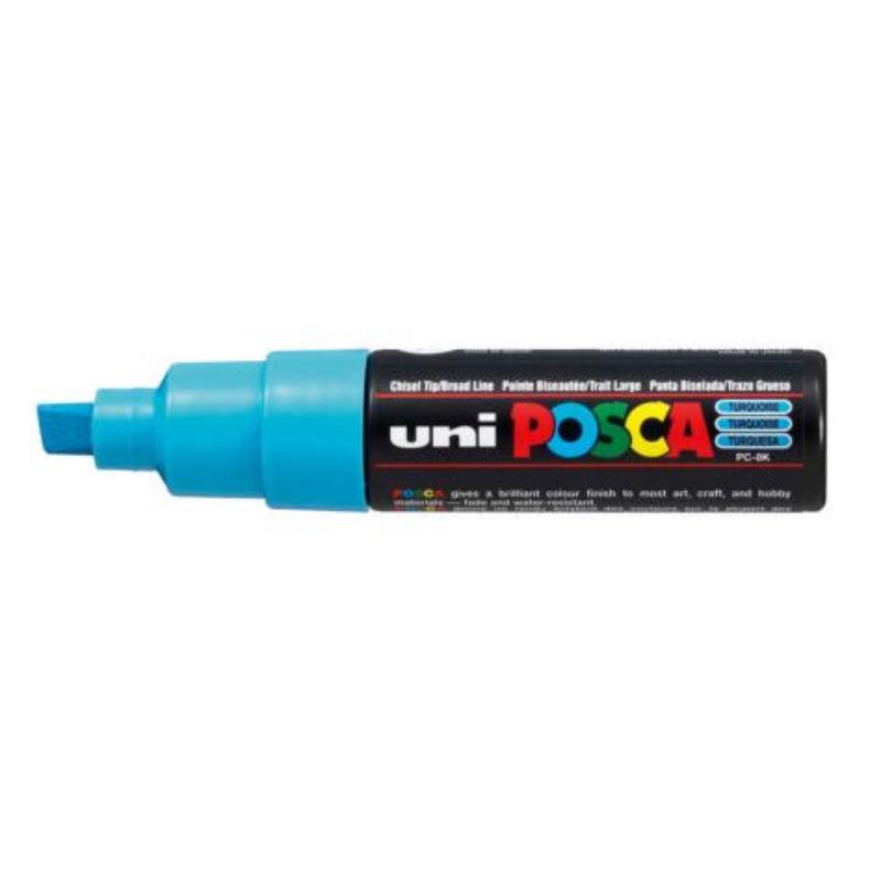 Turquoise Uni Posca 8.0mm chisel marker ideal for bold strokes, precise detailing, and versatile painting on various surfaces.