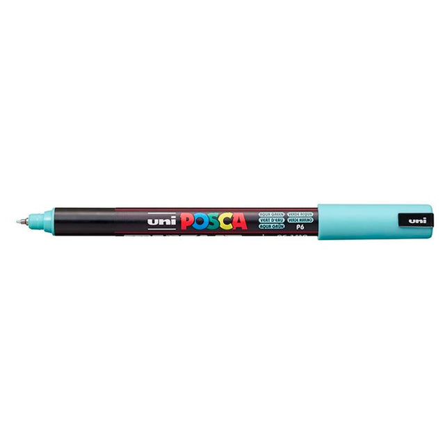 Ultra-fine aqua green Posca marker with 0.7mm tip, perfect for detailed artwork on various surfaces.