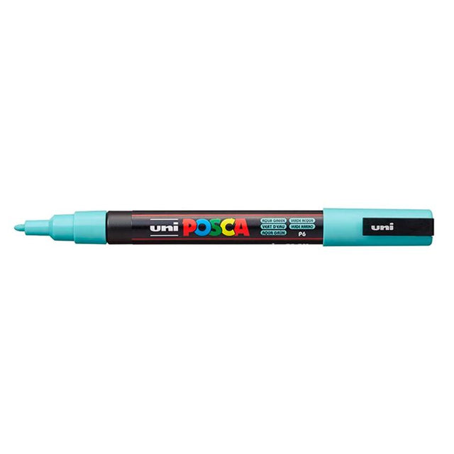 Aqua green Uni Posca marker with fine bullet tip for precise detailing on various surfaces, perfect for artists and crafters.