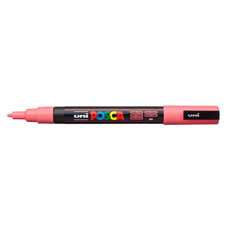 Vibrant coral pink Uni Posca Marker with a fine 0.9-1.3mm tip, ideal for detailed artwork on various surfaces.