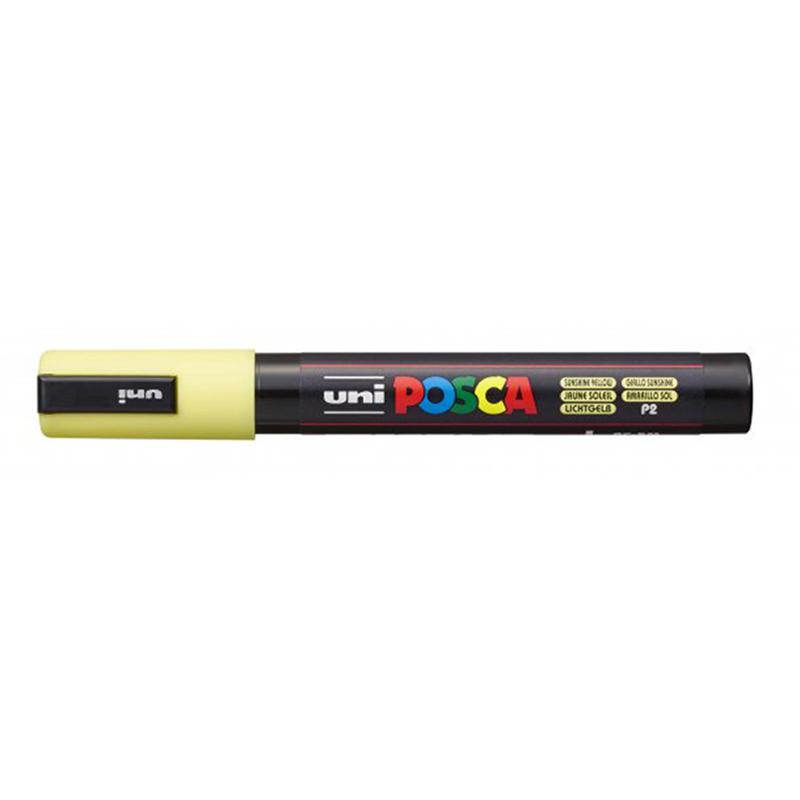 Uni Posca Marker in Sunshine Yellow with 1.8-2.5mm bullet tip, ideal for versatile and vibrant creative projects.