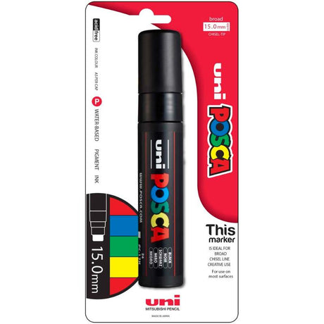 Uni Posca Marker 15.0mm Extra-Broad Chisel in black, ideal for bold strokes on various surfaces and artistic projects.