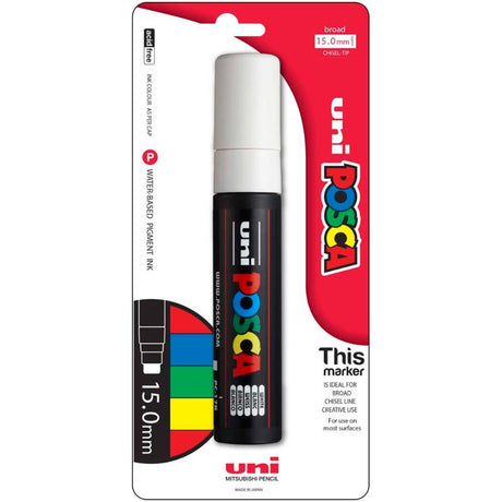 White Uni Posca Marker with 15mm chisel tip for bold strokes, ideal for multi-surface artistic projects.