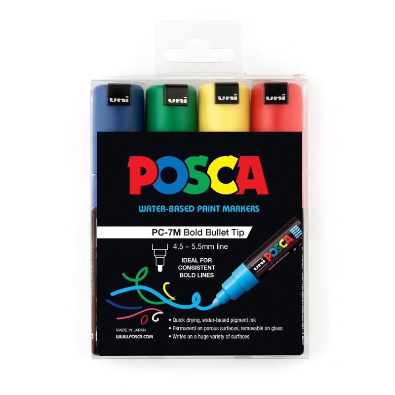 Set of four Uni Posca markers in Green, Yellow, Red, and Blue, featuring 4.5-5.5mm bullet tips for versatile art projects.