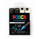 Uni Posca Marker 4 Pack in Black and White featuring 4.5-5.5mm tips for precise, vibrant art on various surfaces.