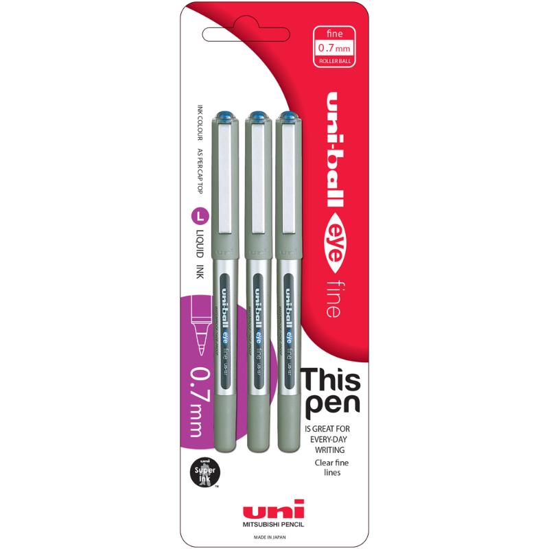 Three blue Uni-ball Eye 0.7mm fine point pens in a capped design, perfect for smooth, precise writing and note-taking.