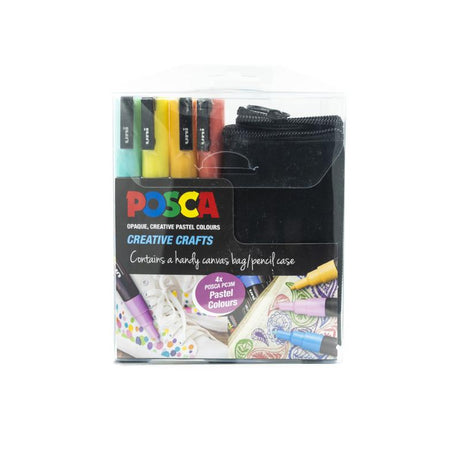 Black canvas bag with zip, featuring four vibrant Posca PC-3M markers: Coral Pink, Apricot, Sunshine Yellow, Aqua Green.