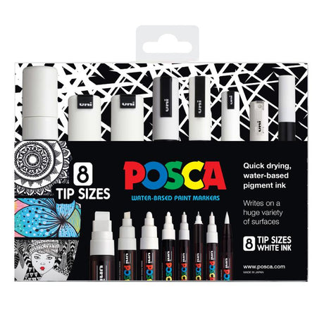 Set of 8 Uni Posca white markers with varied tip sizes for versatile art and craft projects on multiple surfaces.