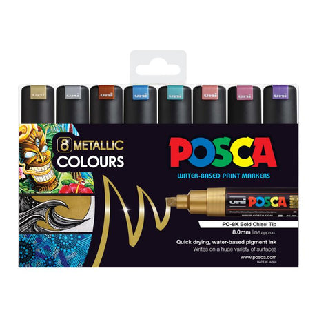 Set of 8 Uni Posca 8.0mm metallic markers in gold, silver, bronze, blue, green, red, pink, and violet for vibrant creativity.