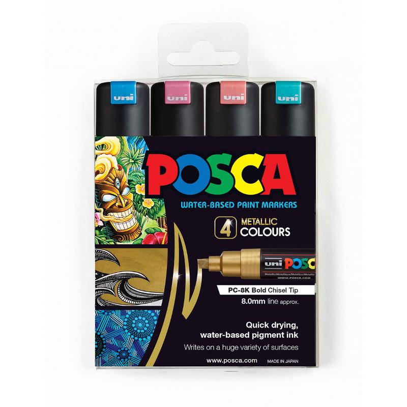 Set of four Uni Posca metallic markers with 8mm chisel tips, ideal for vibrant art on various surfaces.