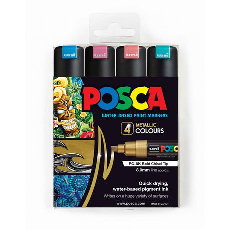 Set of four Uni Posca metallic markers with 8mm chisel tips, ideal for vibrant art on various surfaces.