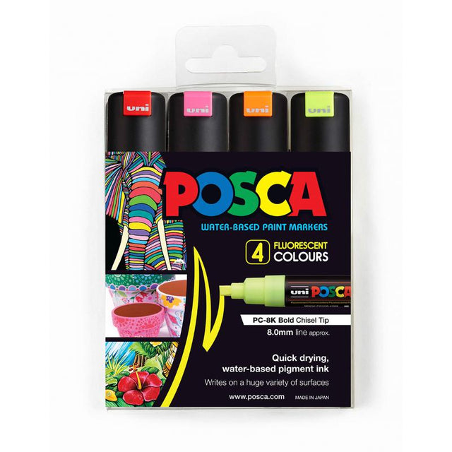 Uni Posca Marker 8.0mm Bold Chisel 4 Pack in fluorescent colors for vibrant art on various surfaces, ideal for artists and DIY enthusiasts.