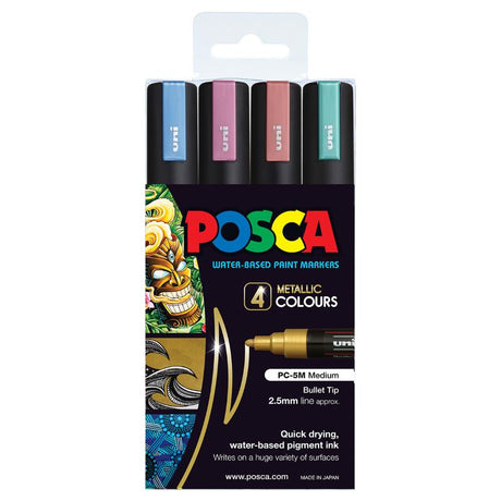 Uni Posca Marker 4 Pack featuring metallic Blue, Red, Pink, and Violet, perfect for precision and vibrant artwork.