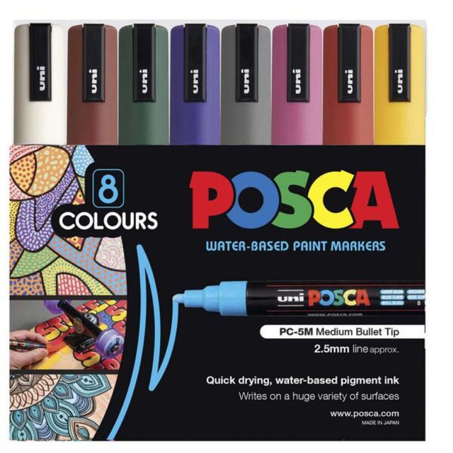 Uni Posca Marker 8 Pack in dark colors featuring versatile bullet tips for precise application on various surfaces.