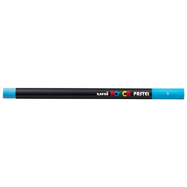 Light blue Uni Posca pastel stick with a smooth finish, perfect for blending and versatile on various surfaces.