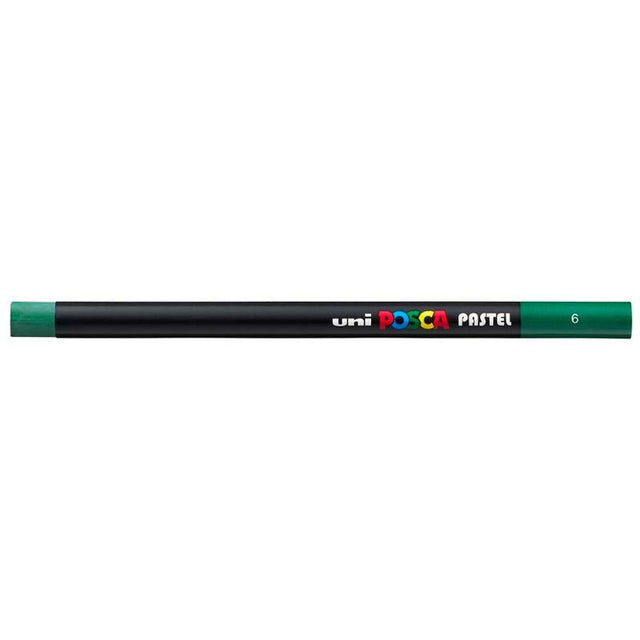 Uni Posca Pastel Green pen, featuring a smooth wax formula for vibrant art on various surfaces like wood and glass.