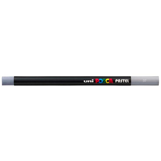Uni Posca Pastel Grey pencil showcasing vibrant color, smooth finish, and versatility for various artistic techniques on multiple surfaces.