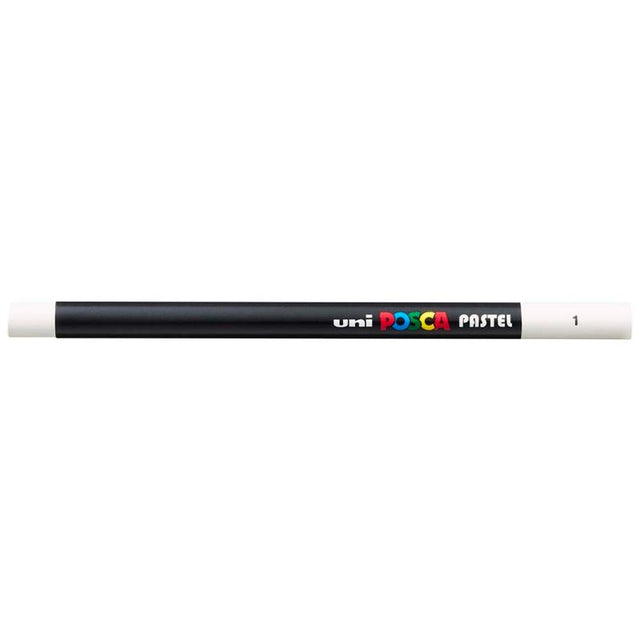 Uni Posca Pastel White stick, featuring vibrant, smooth formula for versatile art on various surfaces like paper and fabric.
