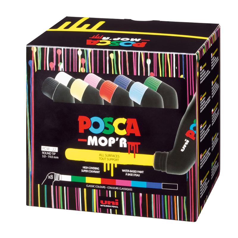 Colorful Uni Posca Marker set featuring 8 assorted markers with round foam tips for versatile artistic effects on various surfaces.