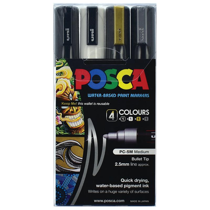 Uni Posca Marker 4 Pack featuring black, white, gold, and silver markers for versatile artistic expression on multiple surfaces.