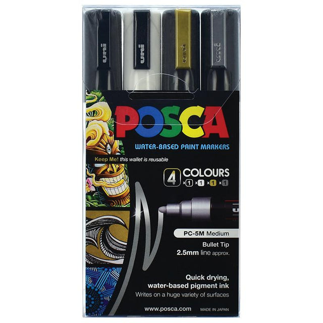 Uni Posca Marker 4 Pack featuring black, white, gold, and silver markers for versatile artistic expression on multiple surfaces.