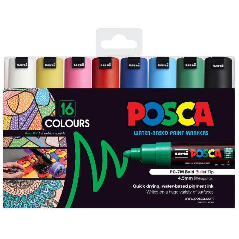 Set of 16 Uni Posca markers with bold bullet tips, featuring vibrant, non-toxic colors for versatile artistic expression.