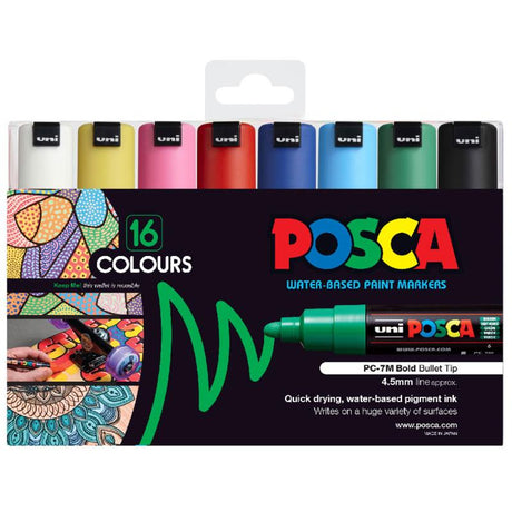 Set of 16 Uni Posca markers with bold bullet tips, featuring vibrant, non-toxic colors for versatile artistic expression.