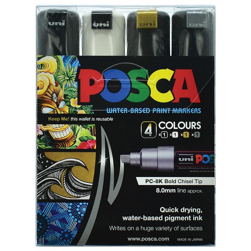 Set of four Uni Posca 8.0mm bold chisel markers in black, white, gold, and silver for vibrant and precise creativity.