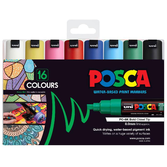 Uni Posca Marker 16 pack with bold 8.0mm chisel tips in assorted colors, ideal for vibrant artwork on various surfaces.