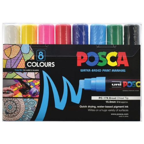 Uni Posca 15.0mm extra-broad chisel marker set, features vibrant colors for various surfaces, ideal for artists and crafters.