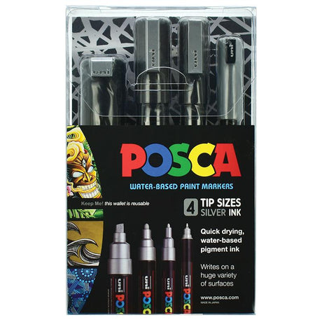 Set of four Uni Posca silver markers in various tip sizes for precise drawing and crafting on multiple surfaces.