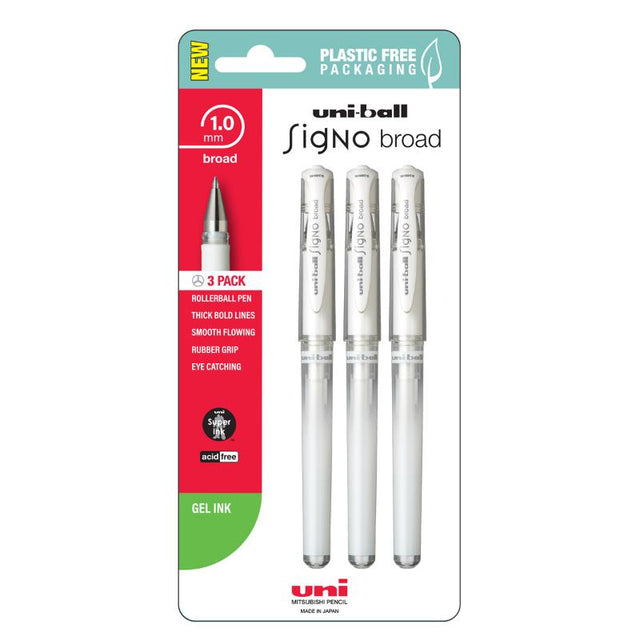 Uni Signo Broad 1.00mm White Hangsell 3-pack gel pens for smooth, bold writing and vibrant illustrations, perfect for all projects.