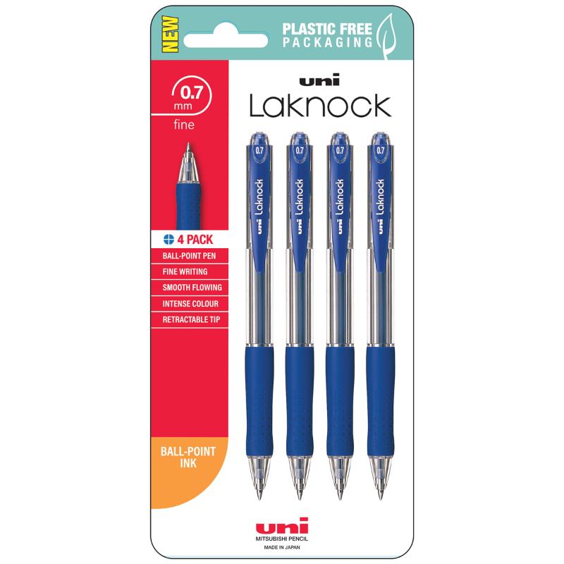 Pack of 4 Uni Laknock 0.7mm fine retractable blue pens with ergonomic grip and quick-drying ink for smooth writing.