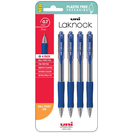 Pack of 4 Uni Laknock 0.7mm fine retractable blue pens with ergonomic grip and quick-drying ink for smooth writing.