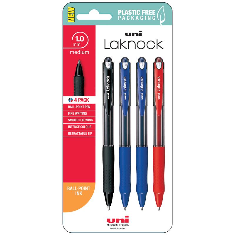 Uni Laknock retractable ballpoint pens in assorted colors, featuring a soft grip and quick-drying ink for smudge-free writing.