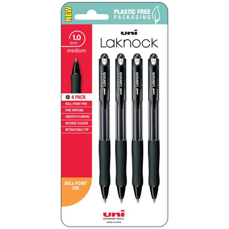 Uni Laknock 1.0mm medium retractable black pens with soft grip, quick-drying ink, and reliable click mechanism, pack of 4.