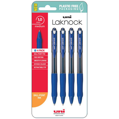 Uni Laknock 1.0mm medium retractable blue pens in a pack of 4, featuring a comfortable grip and quick-drying ink.