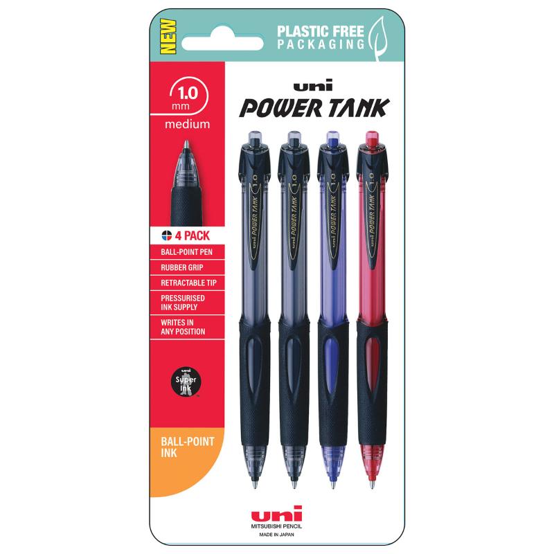 Uni PowerTank 1.0mm Retractable Assorted Pk4 pens in vibrant colors, ideal for extreme conditions and comfortable writing.