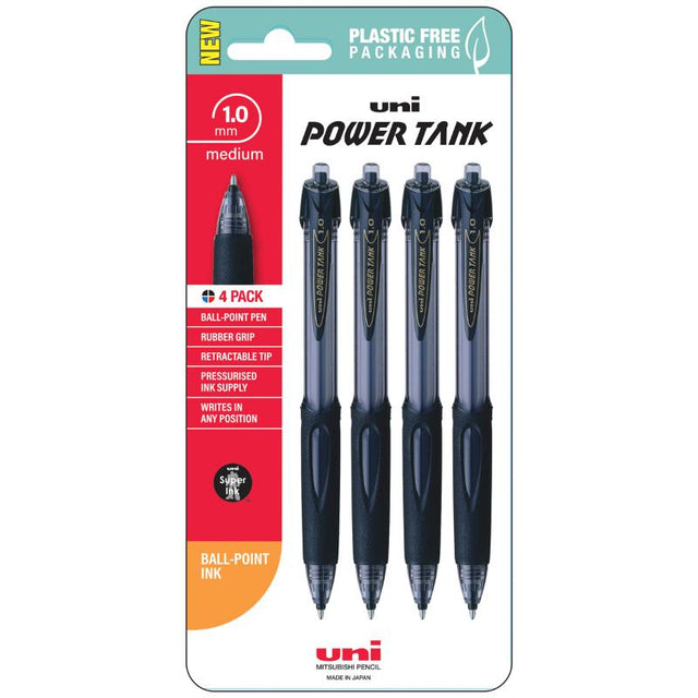 Uni PowerTank 1.0mm retractable black pens, designed for reliability in extreme conditions, featuring a comfortable grip. Pack of 4.