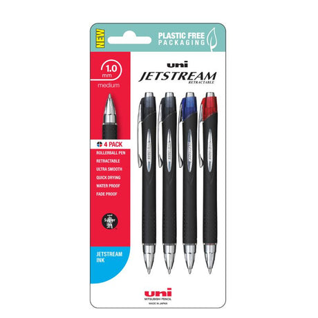 Assorted pack of Uni Jetstream 1.0mm rollerball pens, featuring smooth writing and waterproof, fadeproof ink.