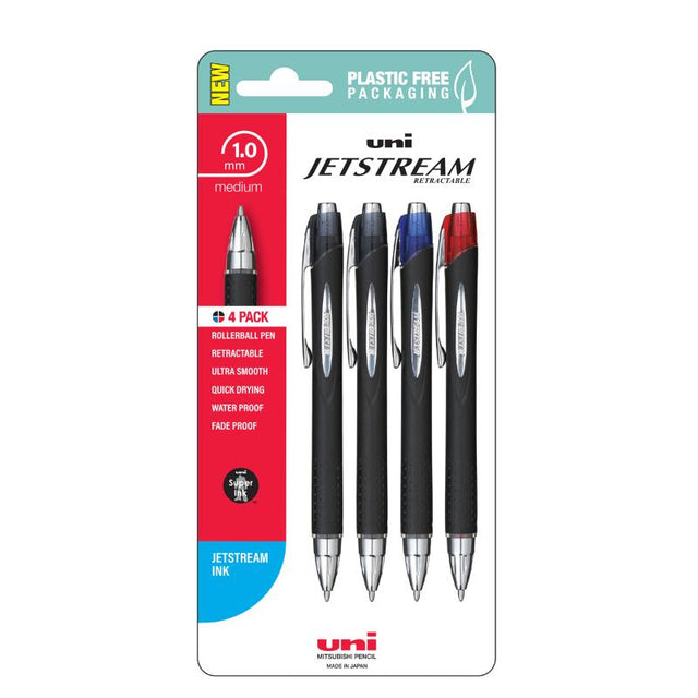 Assorted pack of Uni Jetstream 1.0mm rollerball pens, featuring smooth writing and waterproof, fadeproof ink.